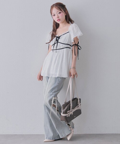 OLIVE des OLIVE(オリーブデオリーブ)の「配色リボンブラウス(Tシャツ/カットソー・レディース・ピンク/オフホワイト/ブラウン・FREE)」の9枚目の写真