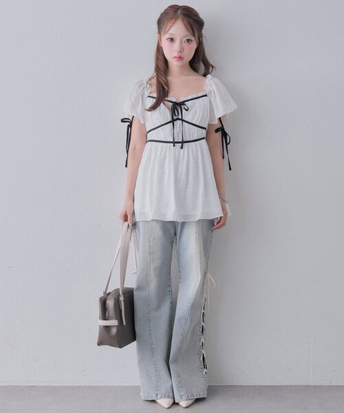 OLIVE des OLIVE(オリーブデオリーブ)の「配色リボンブラウス(Tシャツ/カットソー・レディース・ピンク/オフホワイト/ブラウン・FREE)」の10枚目の写真