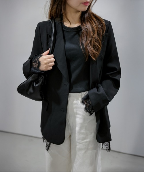 AMELY(エミリー)の「レース レイヤード テーラードジャケット/アウター/美シルエット(テーラードジャケット・レディース・ブラウン/ブラック/グレー・フリー)」の2枚目の写真