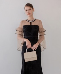 【LEJA】ネックビジューシアーパイピングスリーブジャガードマーメイドワンピースオケージョンドレス美脚効果結婚式 パーティードレス 成人式 二次会 同窓会 お呼ばれ オケージョン 20代 30代