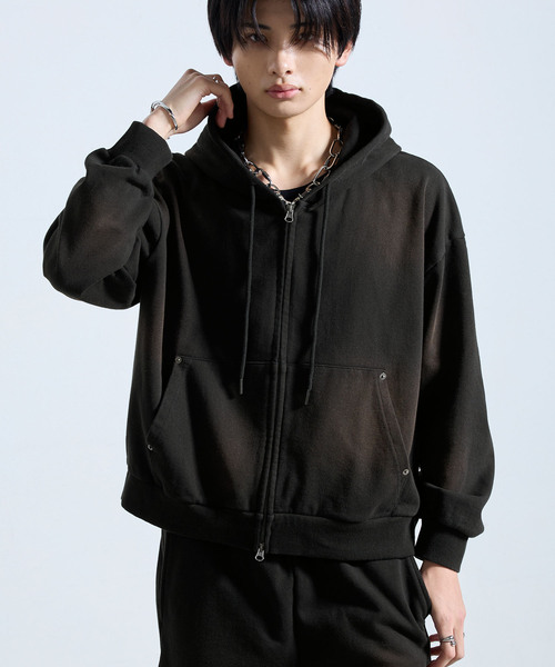 SERACE（セラス）の「【SERACE】HEAVY WEIGHT DRAW CORD SHORT DOUBLE ZIP HOODIE / ヘビーウェイトドローコードショートダブルジップフーディー（パーカー・メンズ・杢グレー/ブラック系/チャコールグレー・L/S/M）」の2枚目の写真