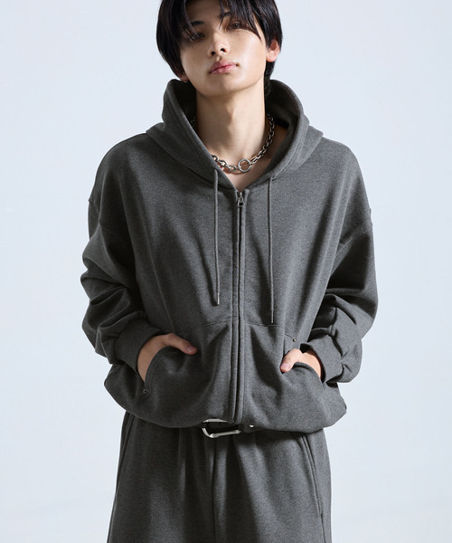 SERACE（セラス）の「【SERACE】HEAVY WEIGHT DRAW CORD SHORT DOUBLE ZIP HOODIE / ヘビーウェイトドローコードショートダブルジップフーディー（パーカー・メンズ・杢グレー/ブラック系/チャコールグレー・L/S/M）」の4枚目の写真