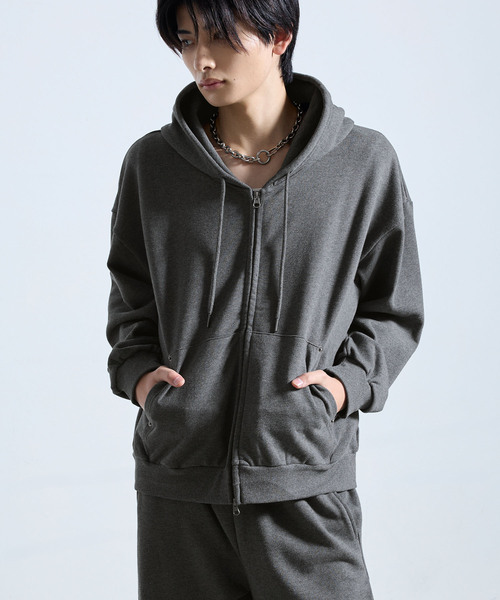 SERACE（セラス）の「【SERACE】HEAVY WEIGHT DRAW CORD SHORT DOUBLE ZIP HOODIE / ヘビーウェイトドローコードショートダブルジップフーディー（パーカー・メンズ・杢グレー/ブラック系/チャコールグレー・L/S/M）」の6枚目の写真