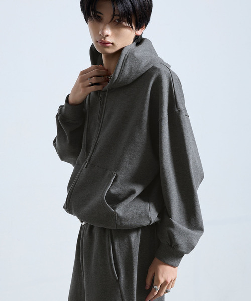 SERACE（セラス）の「【SERACE】HEAVY WEIGHT DRAW CORD SHORT DOUBLE ZIP HOODIE / ヘビーウェイトドローコードショートダブルジップフーディー（パーカー・メンズ・杢グレー/ブラック系/チャコールグレー・L/S/M）」の7枚目の写真