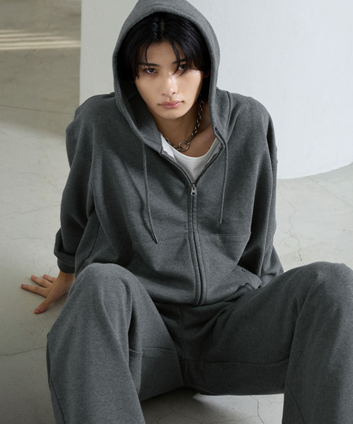 SERACE（セラス）の「【SERACE】HEAVY WEIGHT DRAW CORD SHORT DOUBLE ZIP HOODIE / ヘビーウェイトドローコードショートダブルジップフーディー（パーカー・メンズ・杢グレー/ブラック系/チャコールグレー・L/S/M）」の12枚目の写真
