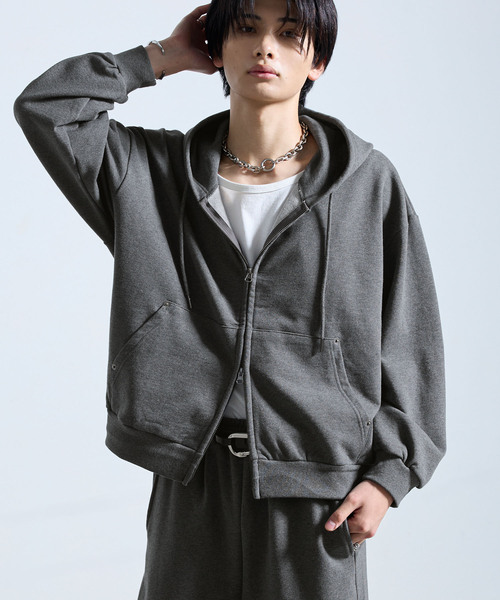SERACE（セラス）の「【SERACE】HEAVY WEIGHT DRAW CORD SHORT DOUBLE ZIP HOODIE / ヘビーウェイトドローコードショートダブルジップフーディー（パーカー・メンズ・杢グレー/ブラック系/チャコールグレー・L/S/M）」の3枚目の写真