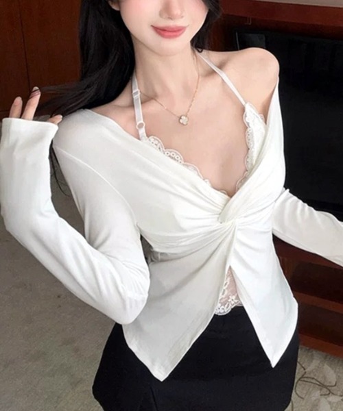 SHEENA(シーナ)の「【カップ付き】レースレイヤードツイストトップス(Tシャツ/カットソー・レディース・ダークグレー/ブラック/ホワイト・M)」の21枚目の写真