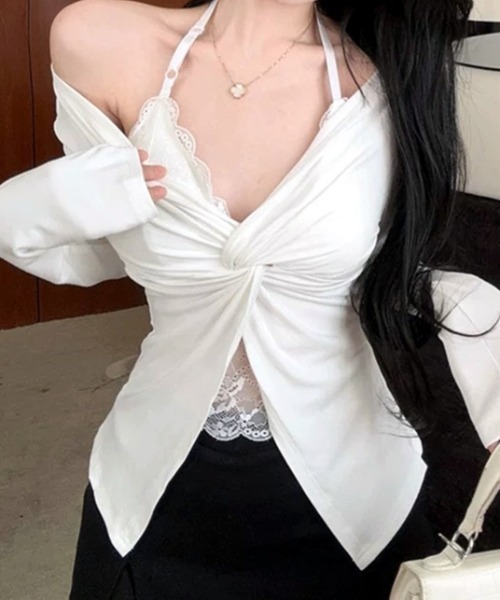 SHEENA(シーナ)の「【カップ付き】レースレイヤードツイストトップス(Tシャツ/カットソー・レディース・ダークグレー/ブラック/ホワイト・M)」の22枚目の写真
