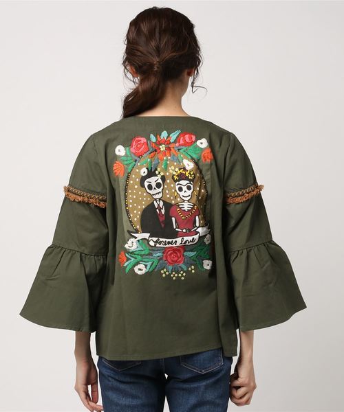 チャイハネ（チャイハネ）の「【チャイハネ】カラベラ刺繍フレアースリーブノーカラージャケット（ノーカラージャケット・レディース・ベージュ/カーキ・FREE）」の5枚目の写真