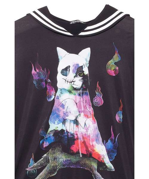 新品 ankoROCK ホラーナイトオバケネコシャツ襟Tカットソー 【長袖】 ホラーナイトオバケネコラインセーラーTシャツ -メガビッグ-（T