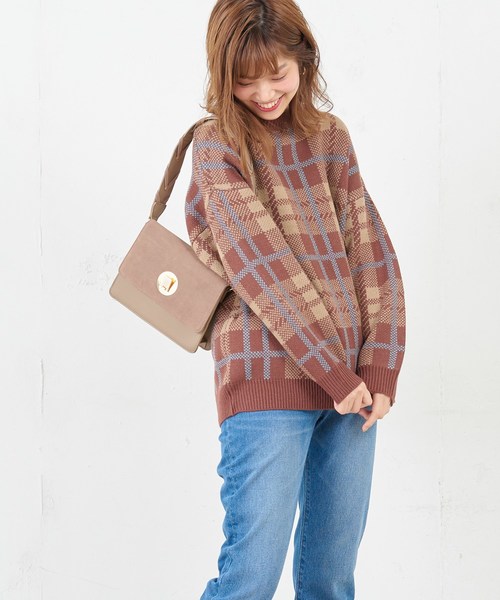 natural couture(ナチュラルクチュール)の「ジャガードチェックニット(ニット/セーター・レディース・ベージュ/ブラウン・FREE)」の5枚目の写真