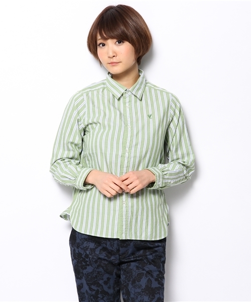 coen（コーエン）の「レジメンタルストライプライトオックスフォードシャツ（シャツ/ブラウス・レディース・オレンジ/ケリー/ライトブルー・LARGE/SMALL/MEDIUM）」の2枚目の写真