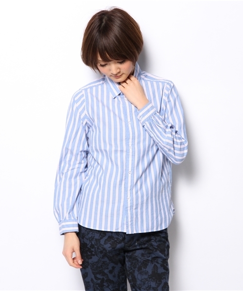 coen（コーエン）の「レジメンタルストライプライトオックスフォードシャツ（シャツ/ブラウス・レディース・オレンジ/ケリー/ライトブルー・LARGE/SMALL/MEDIUM）」の4枚目の写真