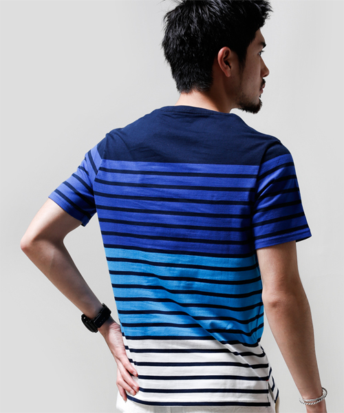 NANO universe（ナノユニバース）の「WEB限定 / グラデーションボーダーTee（Tシャツ/カットソー・メンズ・ネイビー/イエロー/グレー・MEDIUM/LARGE/X-LARGE/SMALL）」の5枚目の写真