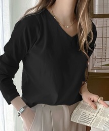 classicalelf | オールシーズン活躍するデザイン、柔らか綿100％フライスVネックロングスリーブ無地ミドル丈Tシャツ(長袖)(Tシャツ/カットソー)