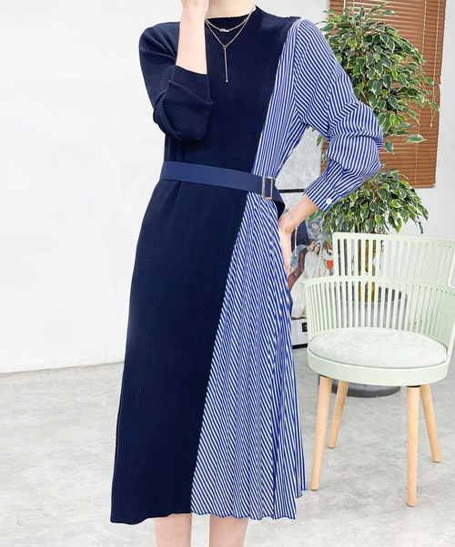 ブルーサファイア です★レーヨンナイロンニットコンビ ワンピース 23AW ブルーサファイア です☆レーヨンナイロンニットコンビ ワンピース