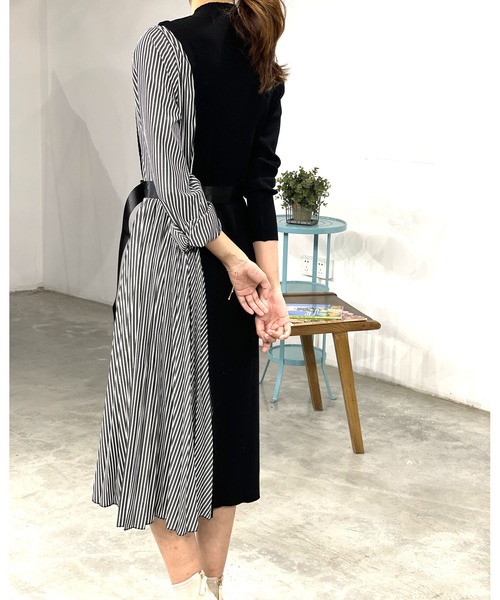 amie studio（アミエスタジオ）の「サイドプリーツ布帛切替ニット