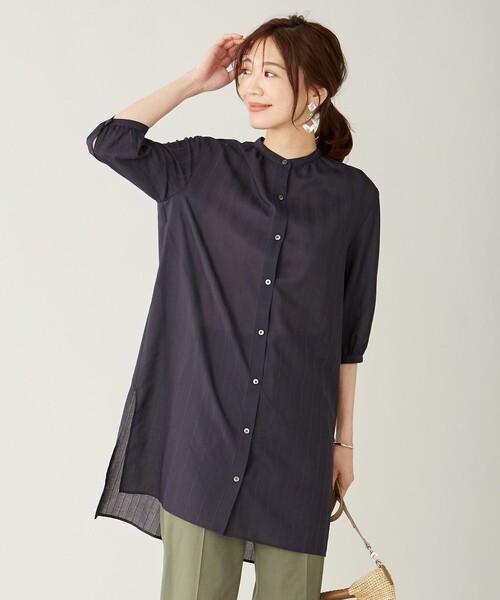 J.PRESS Ladies（J.プレス レディス）の「【洗える・イージーケア】サフィールドビーストライプ ロング ブラウス（シャツ/ブラウス・レディース・ホワイト系2/ネイビー系2・XS）」の2枚目の写真