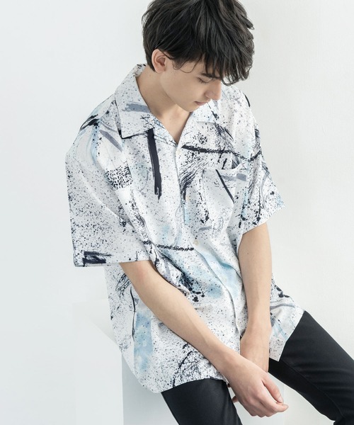 Rocky Monroe（ロッキーモンロー）の「オーバーサイズ グラフィック オープンカラー半袖シャツ（シャツ/ブラウス・メンズ・ホワイト/ライトグレー/ブラウン/オフホワイト/サックスブルー/ピンク/グリーン/ラベンダー・M/L）」の3枚目の写真