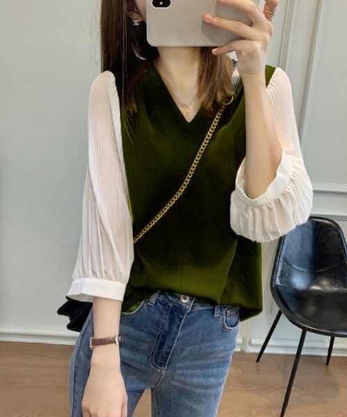 ABITOKYO（アビトーキョー）の「七分袖カットソードッキングVネックブラウス（Tシャツ/カットソー・レディース・ブラック/ネイビー/カーキ・FREE）」の19枚目の写真