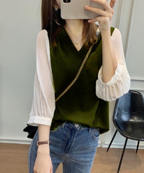 ABITOKYO（アビトーキョー）の「七分袖カットソードッキングVネックブラウス（Tシャツ/カットソー・レディース・ブラック/ネイビー/カーキ・FREE）」の22枚目の写真