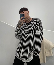 ATTENTION | 【メディア紹介商品】【ATTENTION】BIGボーダー裾ダメージロンT　/韓国セレクト/オーバーサイズ/ビッグシルエット/(Tシャツ/カットソー)