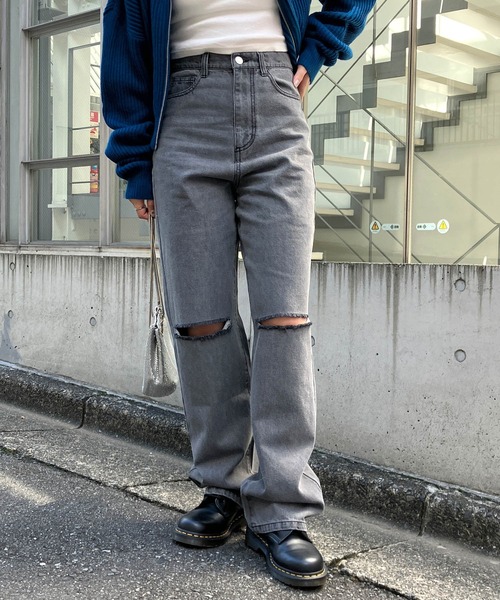 ［GUMZZI］ダメージストレートハイウエストデニムパンツto26261 ハイウエストfront and backダメージワイドデニムパンツ[品番