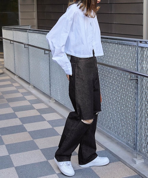 Snap club(スナップクラブ)の「【Snap club】ハイウエストダメージストレートデニムパンツ(デニムパンツ・レディース・ライトインディゴブルー/インディゴブルー/サックスブルー/グレー/ブラック/サックスブルー系・L/M)」の12枚目の写真