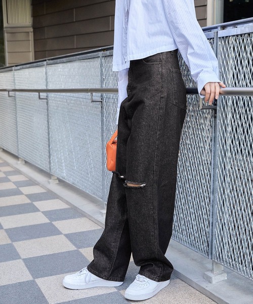 Snap club(スナップクラブ)の「【Snap club】ハイウエストダメージストレートデニムパンツ(デニムパンツ・レディース・ライトインディゴブルー/インディゴブルー/サックスブルー/グレー/ブラック/サックスブルー系・L/M)」の9枚目の写真