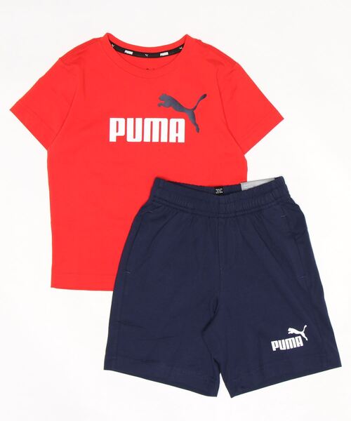 PUMA(プーマ)の「PUMA プーマ キッズ ボーイズ 半袖 Tシャツ アンド ショーツ セット 120-160cm(ジャージ・キッズ・ホワイト×ブラック/レッド・130/140/150/160/120)」の1枚目の写真