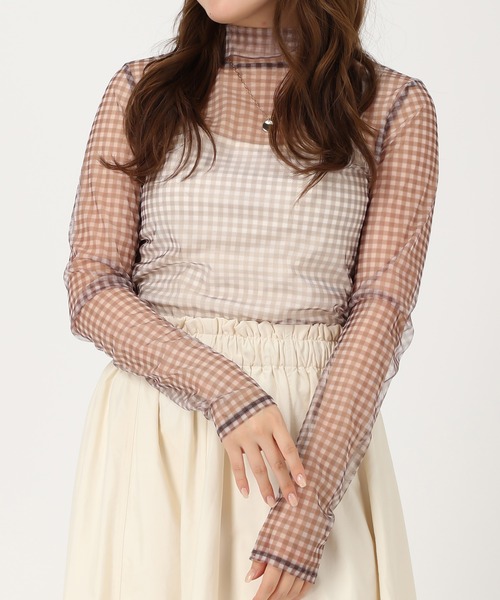 acro(アクロ)の「シアーチェックカットソー/AC1355(シャツ/ブラウス・レディース・ブラック/ブラウン/グレー・フリ-)」の3枚目の写真