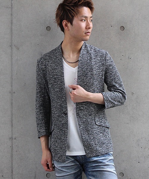 TORNADO MART（トルネードマート）の「TORNADO MART∴メランジパールニット7分袖ジャケット（ノーカラージャケット・メンズ・ライトグリーン/ブラック・LL/M/L）」の2枚目の写真