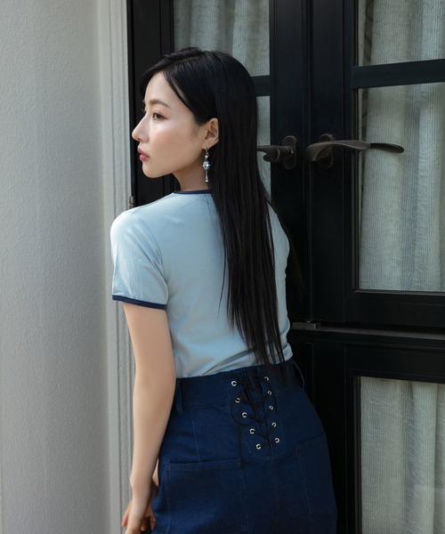 ANDGEEBEE(アンジービー)の「パイピングミニT(Tシャツ/カットソー・レディース・ホワイト/ブルー・MEDIUM)」の7枚目の写真