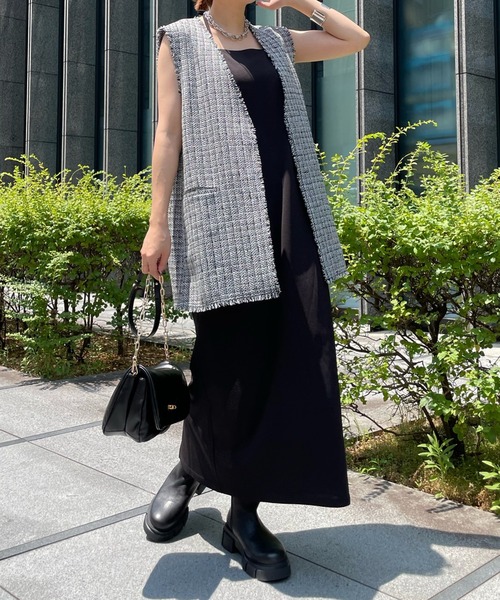 DouDou(ドゥドゥ)の「ツイードロングジレ(ベスト・レディース・ブラック/オフホワイト・FREE)」の7枚目の写真