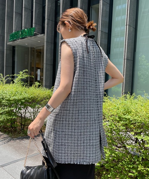 DouDou(ドゥドゥ)の「ツイードロングジレ(ベスト・レディース・ブラック/オフホワイト・FREE)」の16枚目の写真