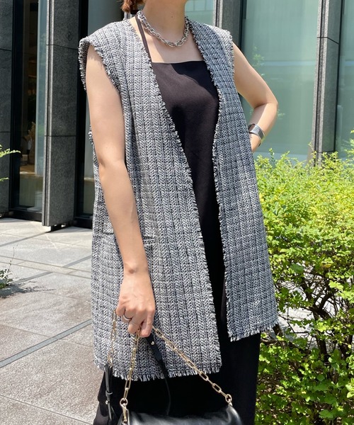 DouDou(ドゥドゥ)の「ツイードロングジレ(ベスト・レディース・ブラック/オフホワイト・FREE)」の8枚目の写真