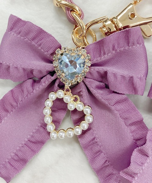 GOLDS♡ビジューチェーン♡リボンブローチ付♡ラッフル段々フリル♡ロンパース桃 セール】フリルリボン付きマルチチェーンストラップ（その他小物