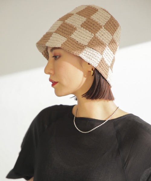 ROSE BUD（ローズバッド）の「チェッカー柄クロシェニットハット（ハット・レディース・ブラック/ベージュ・FREE）」の2枚目の写真