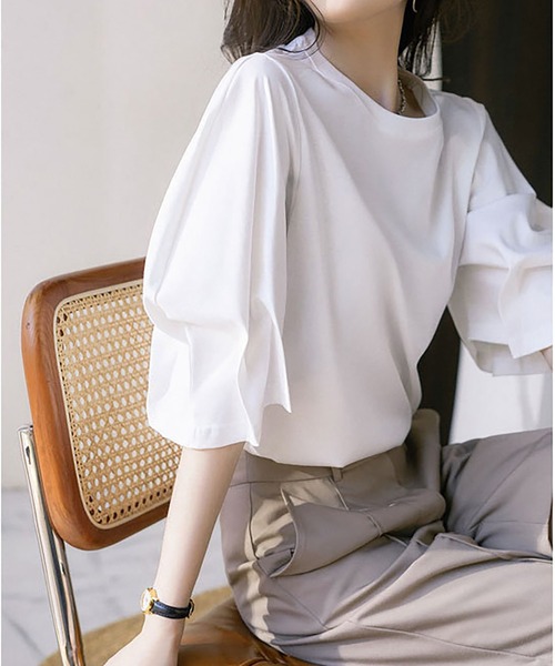 LOPASS（ロパス）の「ボリュウームスリーブTシャツ（Tシャツ/カットソー・レディース・ブラック/ホワイト・L/M）」の5枚目の写真