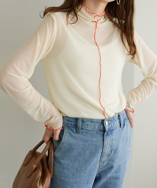 DISCOAT（ディスコート）の「【WEB限定】配色パイピングメローシアートップス（Tシャツ/カットソー・レディース・ブラウン/アイボリー/ブラック/ホワイト×グリーン・FREE）」の21枚目の写真