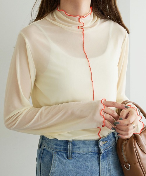 DISCOAT（ディスコート）の「【WEB限定】配色パイピングメローシアートップス（Tシャツ/カットソー・レディース・ブラウン/アイボリー/ブラック/ホワイト×グリーン・FREE）」の22枚目の写真