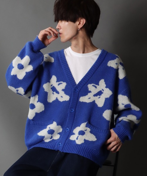 SITRY(シトリー)の「Big silhouette Jacquard flower Knit Cardigan/ビッグシルエット ジャガード フラワー ニット カーディガン/カーデ(カーディガン/ボレロ・メンズ・ブルー/マスタード/ブラック・L/M)」の7枚目の写真