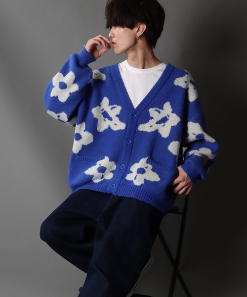 SITRY(シトリー)の「Big silhouette Jacquard flower Knit Cardigan/ビッグシルエット ジャガード フラワー ニット カーディガン/カーデ(カーディガン/ボレロ・メンズ・ブルー/マスタード/ブラック・L/M)」の8枚目の写真