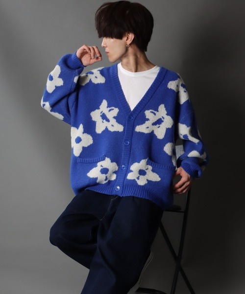 SITRY(シトリー)の「Big silhouette Jacquard flower Knit Cardigan/ビッグシルエット ジャガード フラワー ニット カーディガン/カーデ(カーディガン/ボレロ・メンズ・ブルー/マスタード/ブラック・L/M)」の12枚目の写真