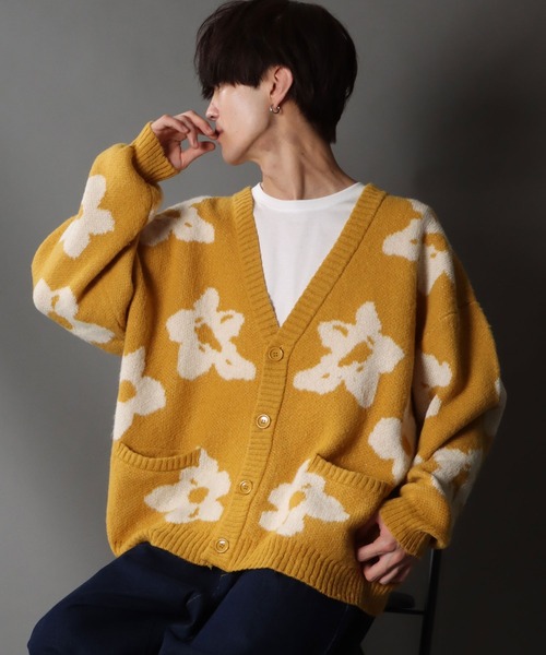 SITRY(シトリー)の「Big silhouette Jacquard flower Knit Cardigan/ビッグシルエット ジャガード フラワー ニット カーディガン/カーデ(カーディガン/ボレロ・メンズ・ブルー/マスタード/ブラック・L/M)」の13枚目の写真