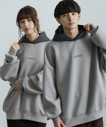 オーバーサイズ ダンボールニット ワンポイント刺繍クレリックプルオーバーパーカー