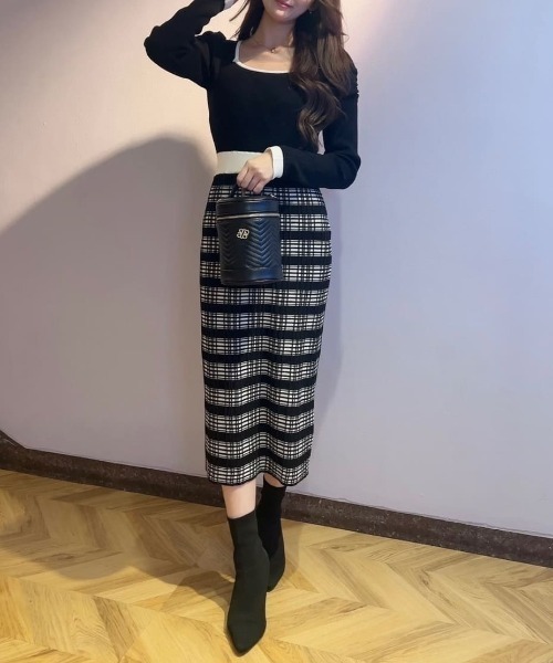  PARTY ロイパチェック柄切替タイトニットワンピース※着用写真あり チェック柄切替タイトニットワンピース｜ニットワンピース