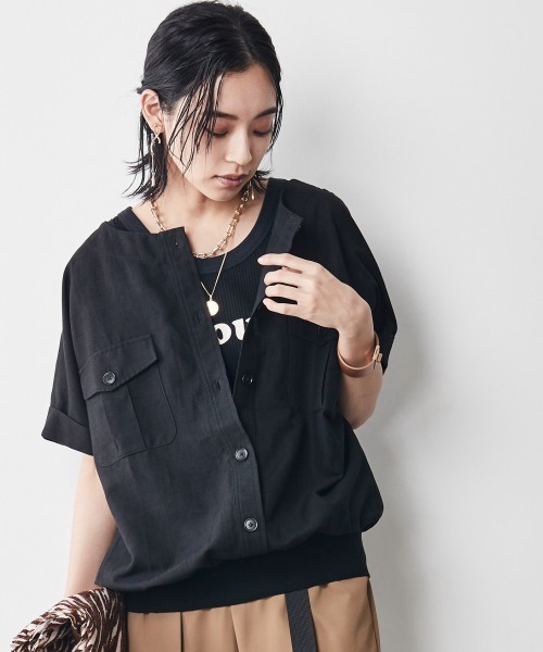 CHIC STYLE（シックスタイル）の「＜大きいサイズ＞裾リブワークシャツ シックスタイル（シャツ/ブラウス・レディース・ブラック/モカ・5L/L/4L/3L/LL）」の2枚目の写真