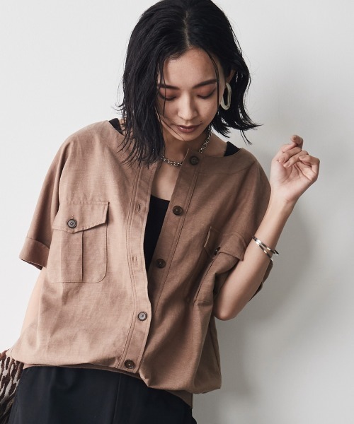 CHIC STYLE（シックスタイル）の「＜大きいサイズ＞裾リブワークシャツ シックスタイル（シャツ/ブラウス・レディース・ブラック/モカ・5L/L/4L/3L/LL）」の3枚目の写真