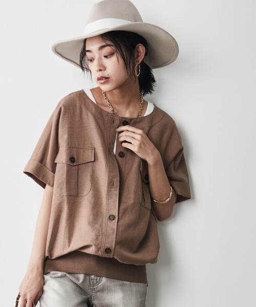 CHIC STYLE（シックスタイル）の「＜大きいサイズ＞裾リブワークシャツ シックスタイル（シャツ/ブラウス・レディース・ブラック/モカ・5L/L/4L/3L/LL）」の5枚目の写真